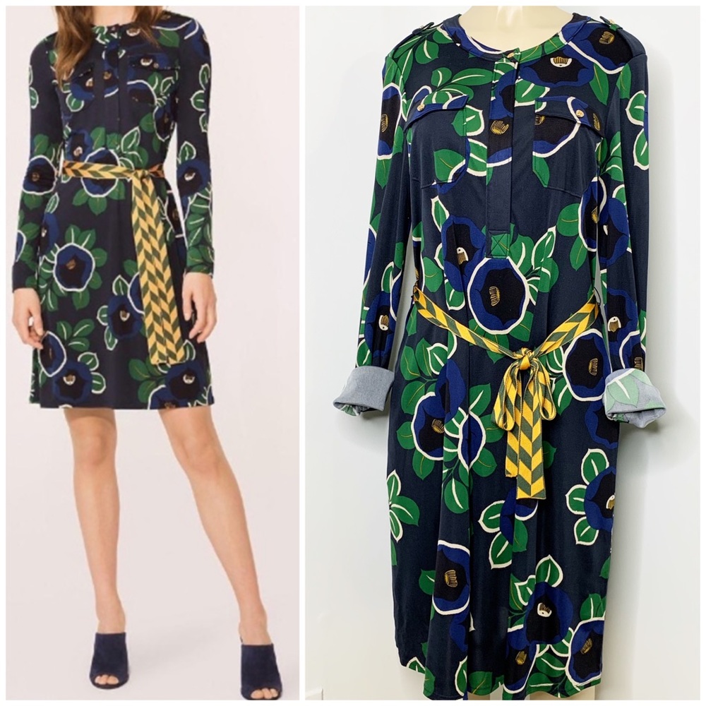 Tory Burch Black and Green Floral Midi Dress